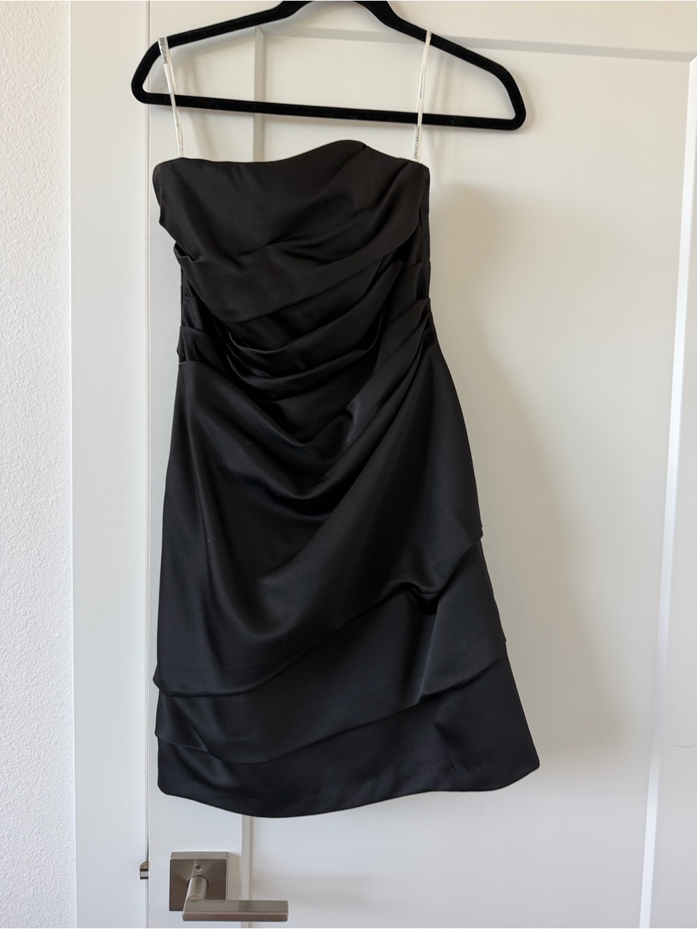 David's Bridal Black Strapless Ruched Cocktail Dress